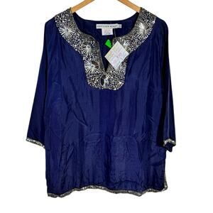 Gretchen Scott Silk Bling Starry Night Tunic Top Women L Blue Navy Silver NWT